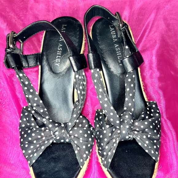 LAURA ASHLEY 8B 38 WEDGED SANDLES BLK /WHT CLOTH POKO DOT LEATHER PLATFORM SHOES - Picture 7 of 13